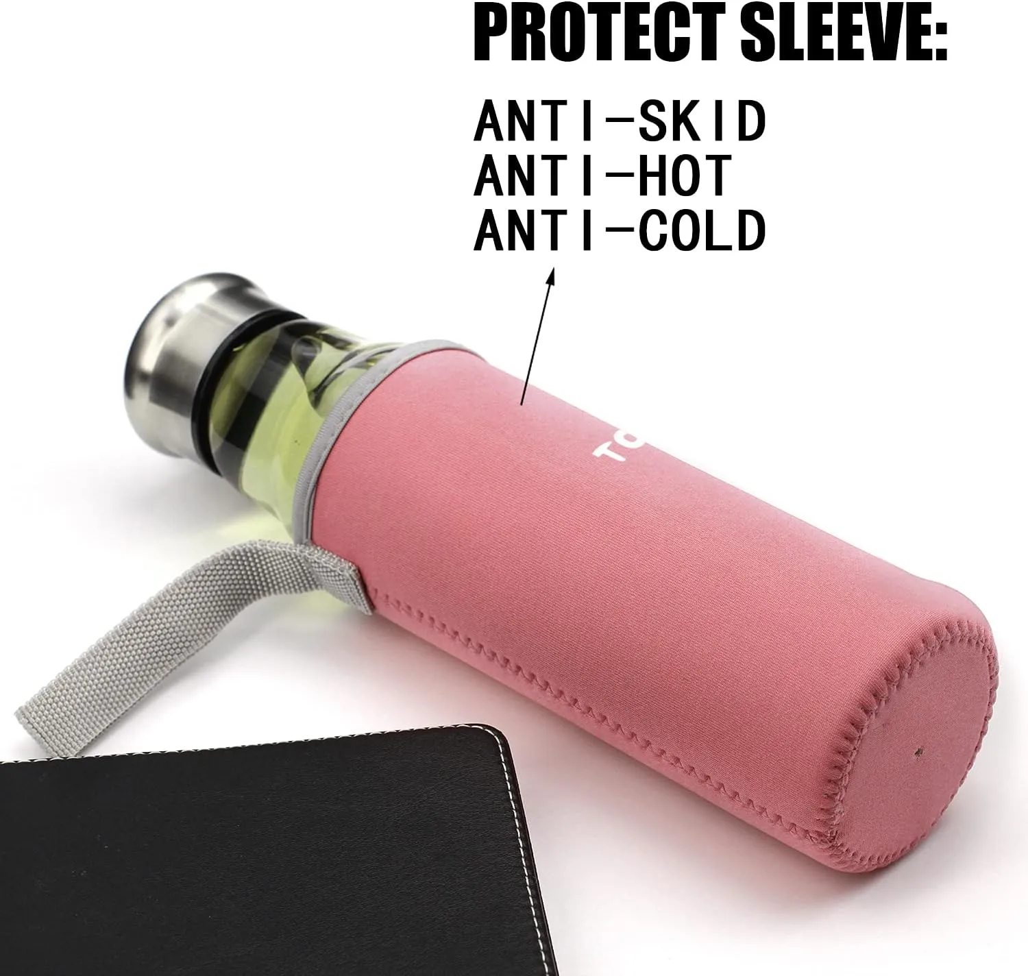 TOPOKO 18.5 Ounce Top Level Quality Stylish Environmental Borosilicate Glass Water Bottle With Nylon Sleeve - Tea Infuser Bottle Eco-Friendly Ideal Gift for Parents Friends Black/Grey/Pink
