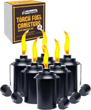 Torch Replacement Canisters (12 oz). Compatible with Most Tiki Brands (Bamboo and Most Metal Styles). Easy Fill Opening. 6-Pack Standard Black Metal (with snuffer caps)