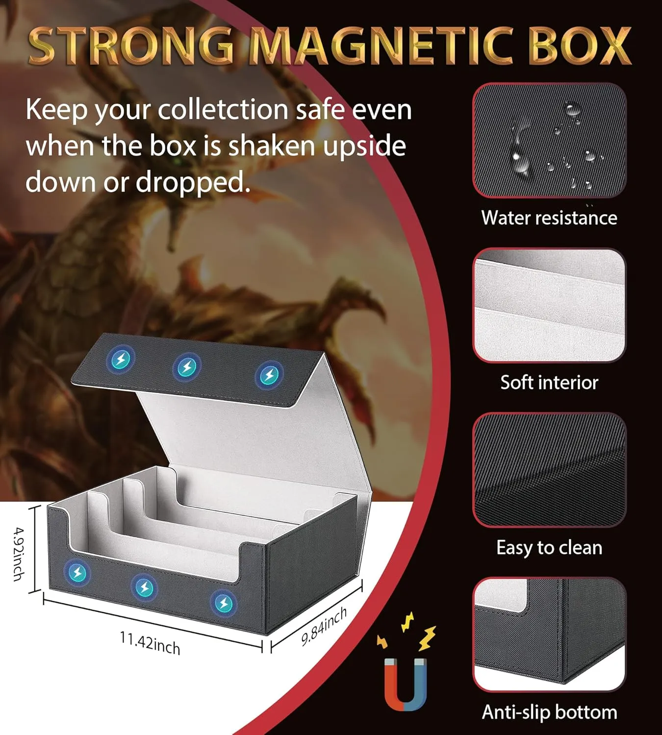 Trading Card Storage Box - 2400  Card Deck Case for Magic the Gathering PKM YuGiOh Sports Cards, Leather MTG PTCG Commander Deck with 12 PVC Dividers 4 Supporters, Black and Gray