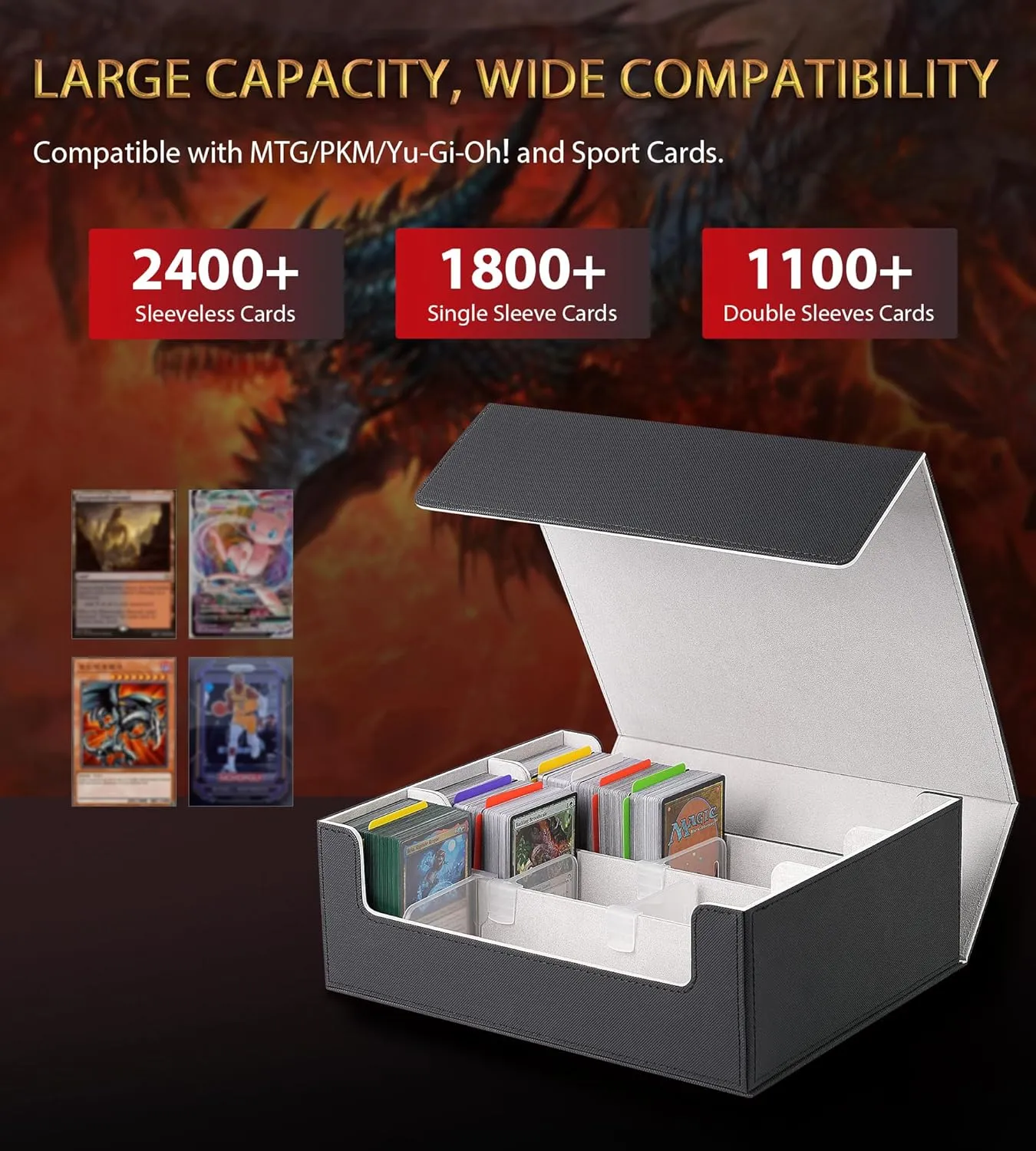 Trading Card Storage Box - 2400  Card Deck Case for Magic the Gathering PKM YuGiOh Sports Cards, Leather MTG PTCG Commander Deck with 12 PVC Dividers 4 Supporters, Black and Gray