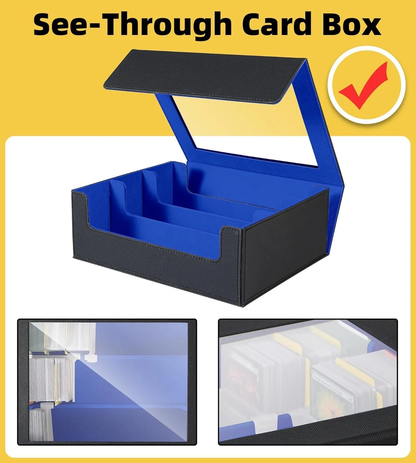 Trading Card Storage Box - 2400  Commander Card Deck Case with See-through Display Top for Magic the Gathering TCG YuGiOh, TCG MTG PTCG Box with 12 Dividers 4 Supporters, Black and Blue