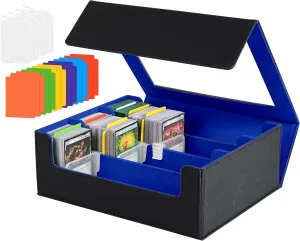 Trading Card Storage Box - 2400  Commander Card Deck Case with See-through Display Top for Magic the Gathering TCG YuGiOh, TCG MTG PTCG Box with 12 Dividers 4 Supporters, Black and Blue