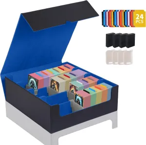 Trading Card Storage Box 3200 , Card Deck Box For Mtg Cards With 24 Pcs Colorful Card Dividers, PU Leather Commander Card Deck Case Fits For Magic Game Cards, Sports Cards (Black & blue)
