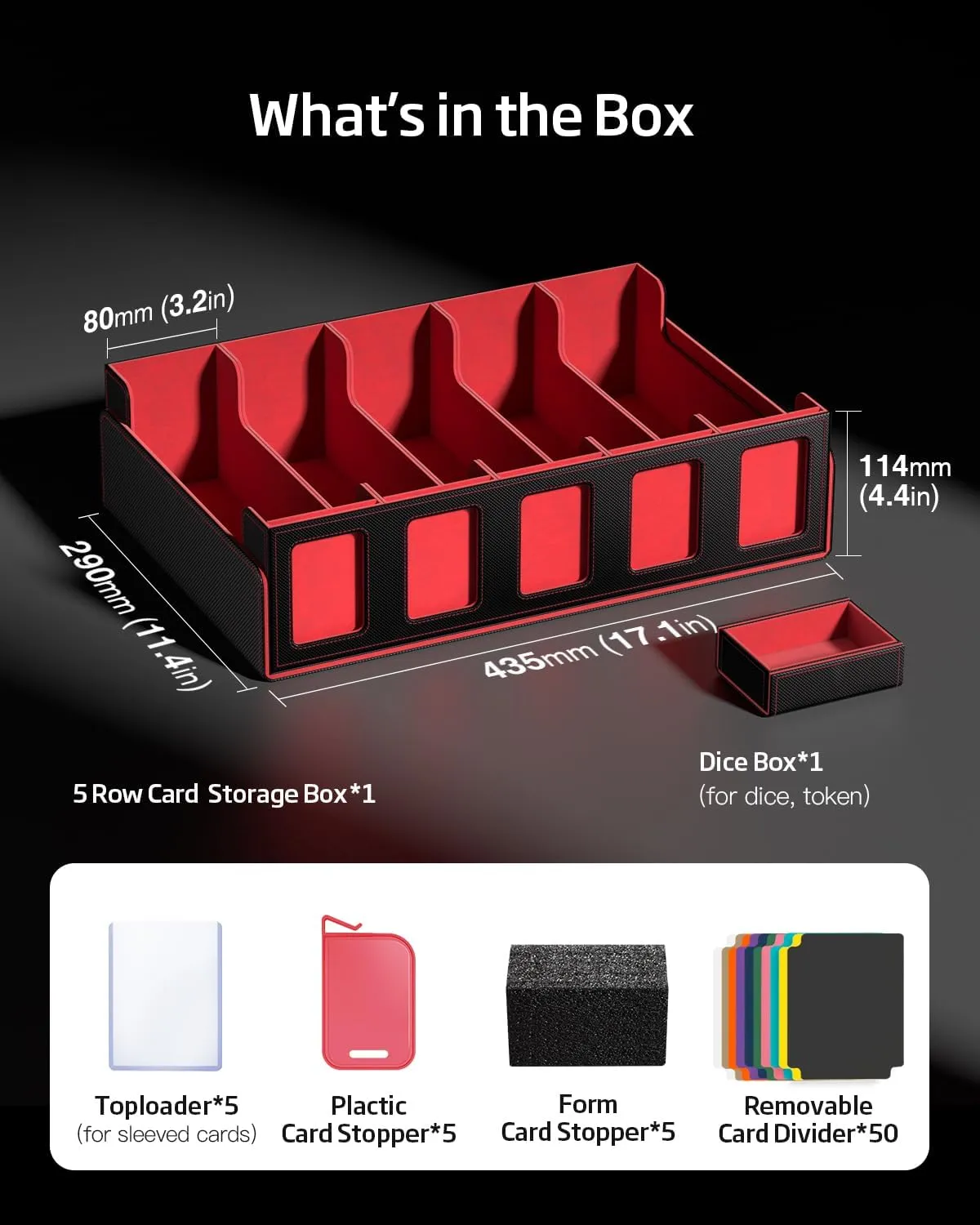Trading Card Storage Box 3900  Capacity - 5-Row Card Case with Magnetic Lid & Commander Display for MTG TCG Sports Cards,Includes 5 Toploaders/50 Dividers/10 Stoppers/Dice Box/Cleaning Cloth
