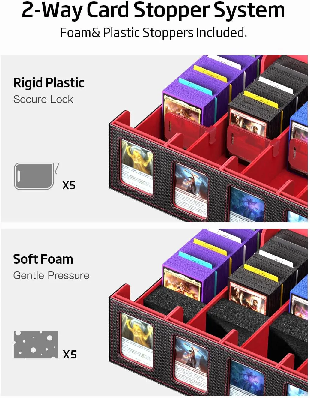 Trading Card Storage Box 3900  Capacity - 5-Row Card Case with Magnetic Lid & Commander Display for MTG TCG Sports Cards,Includes 5 Toploaders/50 Dividers/10 Stoppers/Dice Box/Cleaning Cloth