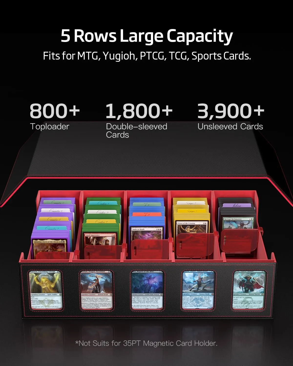 Trading Card Storage Box 3900  Capacity - 5-Row Card Case with Magnetic Lid & Commander Display for MTG TCG Sports Cards,Includes 5 Toploaders/50 Dividers/10 Stoppers/Dice Box/Cleaning Cloth