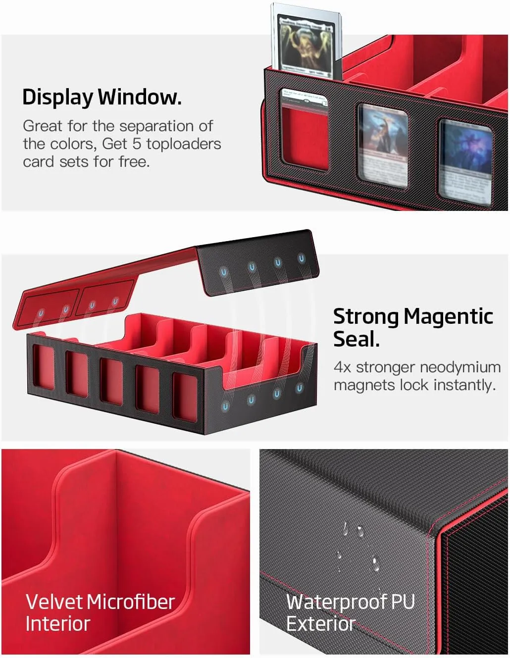 Trading Card Storage Box 3900  Capacity - 5-Row Card Case with Magnetic Lid & Commander Display for MTG TCG Sports Cards,Includes 5 Toploaders/50 Dividers/10 Stoppers/Dice Box/Cleaning Cloth