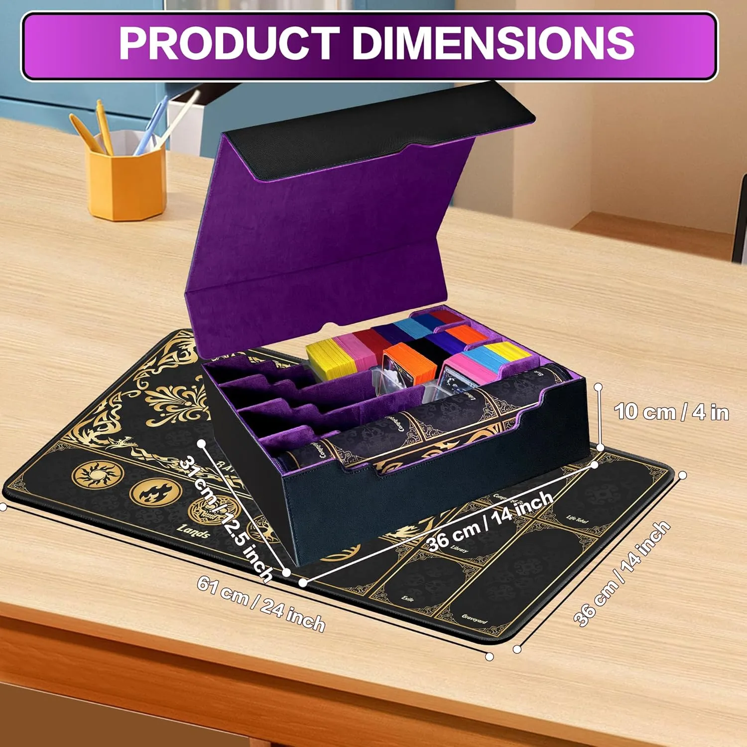 Trading Card Storage Box Fits 4000  Cards, 4-Row MTG Commander Deck Case with Playmat, 6 Movable Partitions 24 Dividers PU Leather Magnetic Closure, Magic/TCG/YuGiOh/Sport (Black&Purple)