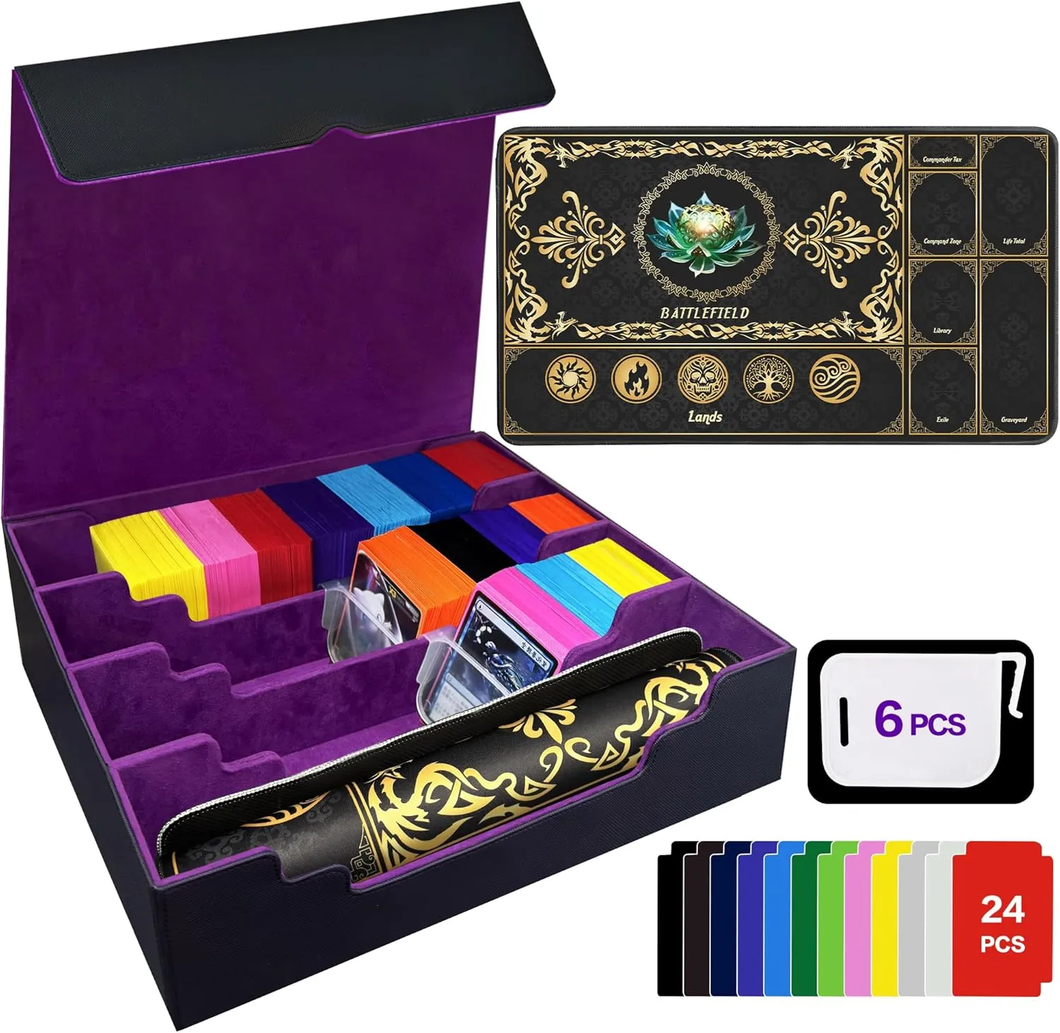 Trading Card Storage Box Fits 4000  Cards, 4-Row MTG Commander Deck Case with Playmat, 6 Movable Partitions 24 Dividers PU Leather Magnetic Closure, Magic/TCG/YuGiOh/Sport (Black&Purple)
