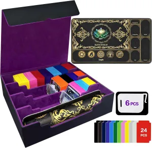 Trading Card Storage Box Fits 4000  Cards, 4-Row MTG Commander Deck Case with Playmat, 6 Movable Partitions 24 Dividers PU Leather Magnetic Closure, Magic/TCG/YuGiOh/Sport (Black&Purple)