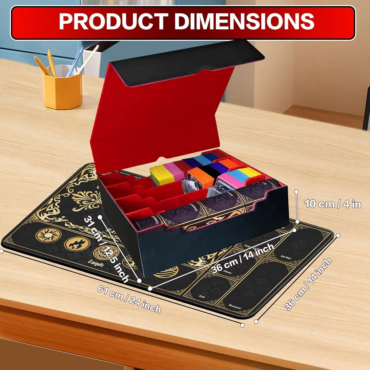 Trading Card Storage Box Fits 4000  Cards, 4-Row MTG Commander Deck Case with Playmat, 6 Movable Partitions 24 Dividers PU Leather Magnetic Closure, Magic/TCG/YuGiOh/Sport (Black&Red)