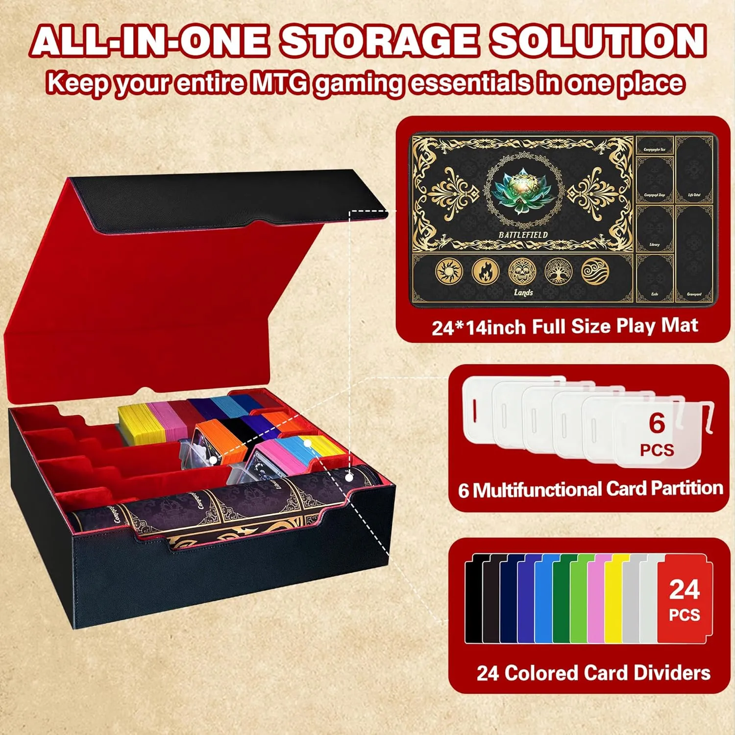 Trading Card Storage Box Fits 4000  Cards, 4-Row MTG Commander Deck Case with Playmat, 6 Movable Partitions 24 Dividers PU Leather Magnetic Closure, Magic/TCG/YuGiOh/Sport (Black&Red)