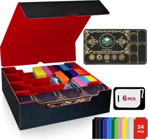 Trading Card Storage Box Fits 4000  Cards, 4-Row MTG Commander Deck Case with Playmat, 6 Movable Partitions 24 Dividers PU Leather Magnetic Closure, Magic/TCG/YuGiOh/Sport (Black&Red)
