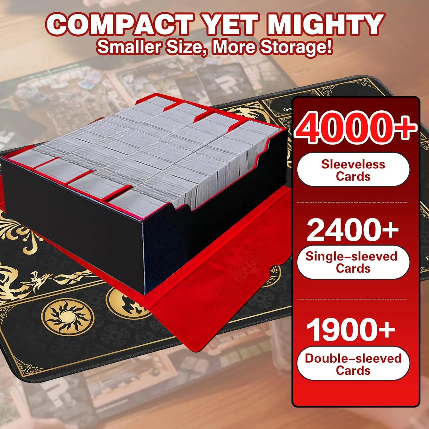 Trading Card Storage Box Fits 4000  Cards, 4-Row MTG Commander Deck Case with Playmat, 6 Movable Partitions 24 Dividers PU Leather Magnetic Closure, Magic/TCG/YuGiOh/Sport (Black&Red)