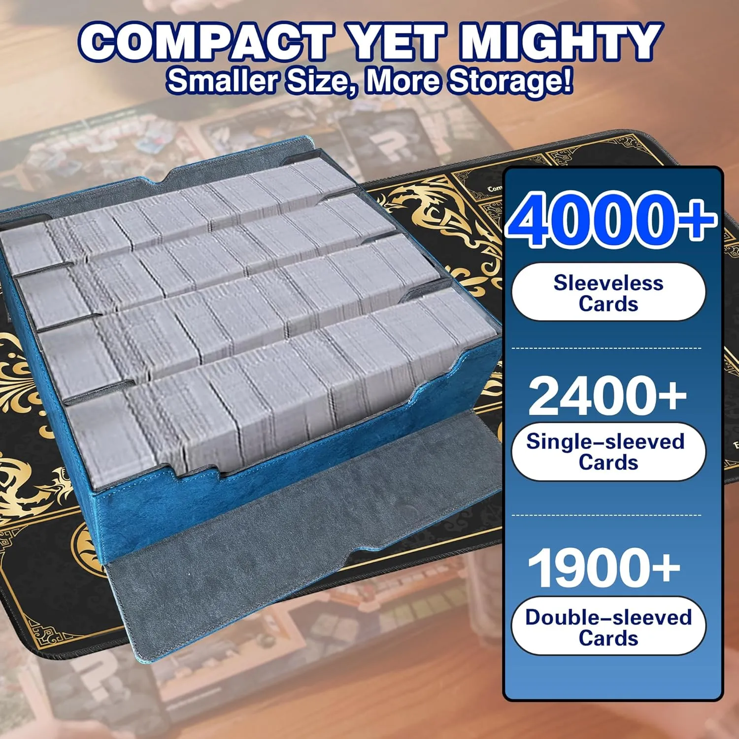 Trading Card Storage Box Fits 4000  Cards, 4-Row MTG Commander Deck Case with Playmat, 6 Movable Partitions 24 Dividers PU Leather Magnetic Closure, Magic/TCG/YuGiOh/Sport (Blue&Grey)