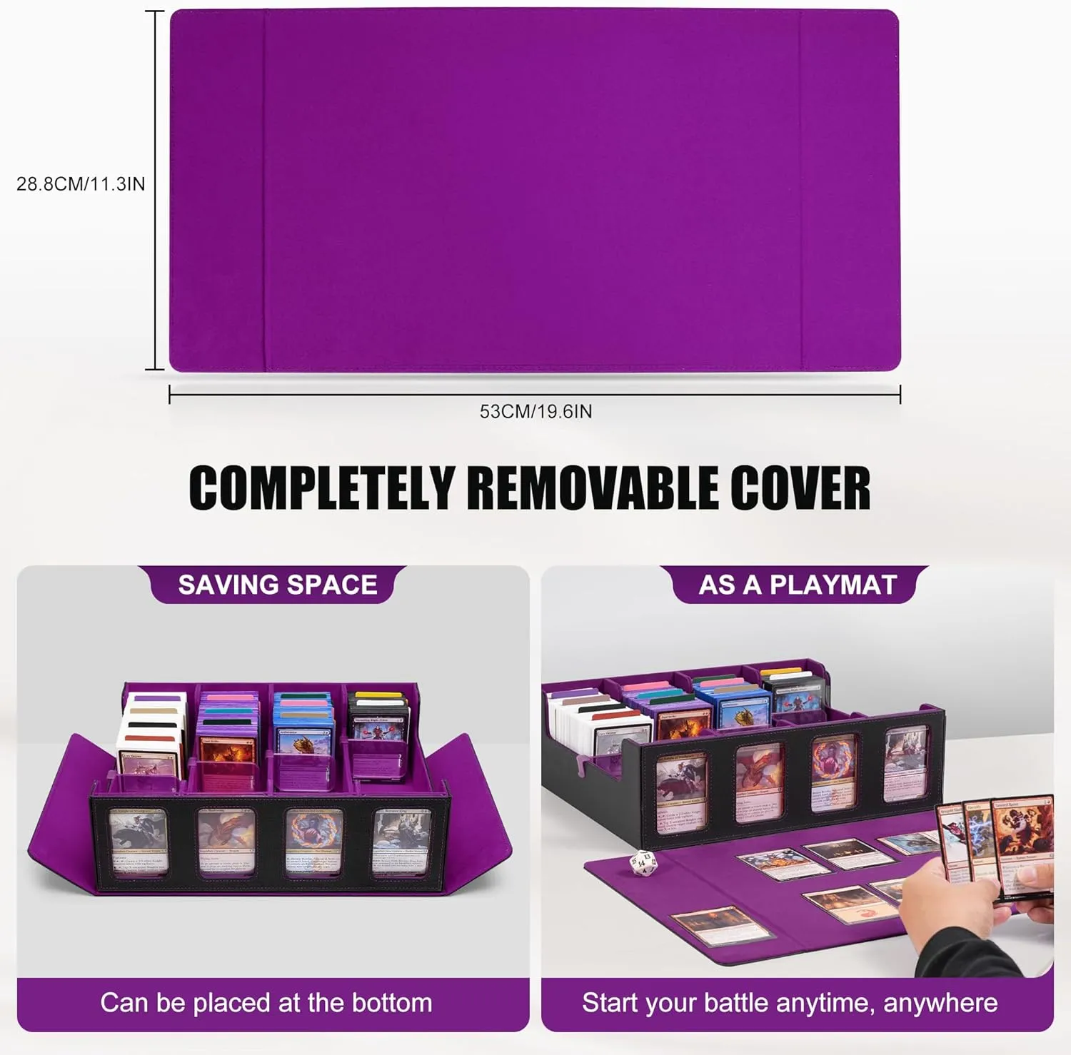 Trading Card Storage Box with Commander Display , 4-Row Deck Case with Removable Lid; 2400  Card Deck Box for MTG TCG Sports Card, 4 Toploaders, 4 Stoppers, 24 Dividers,1 Dice Bag (Black Purple)