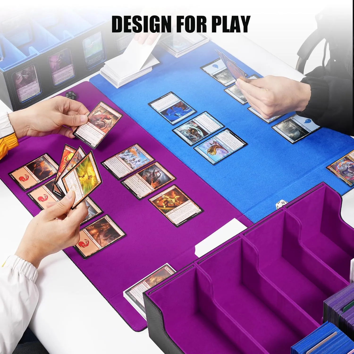 Trading Card Storage Box with Commander Display , 4-Row Deck Case with Removable Lid; 2400  Card Deck Box for MTG TCG Sports Card, 4 Toploaders, 4 Stoppers, 24 Dividers,1 Dice Bag (Black Purple)