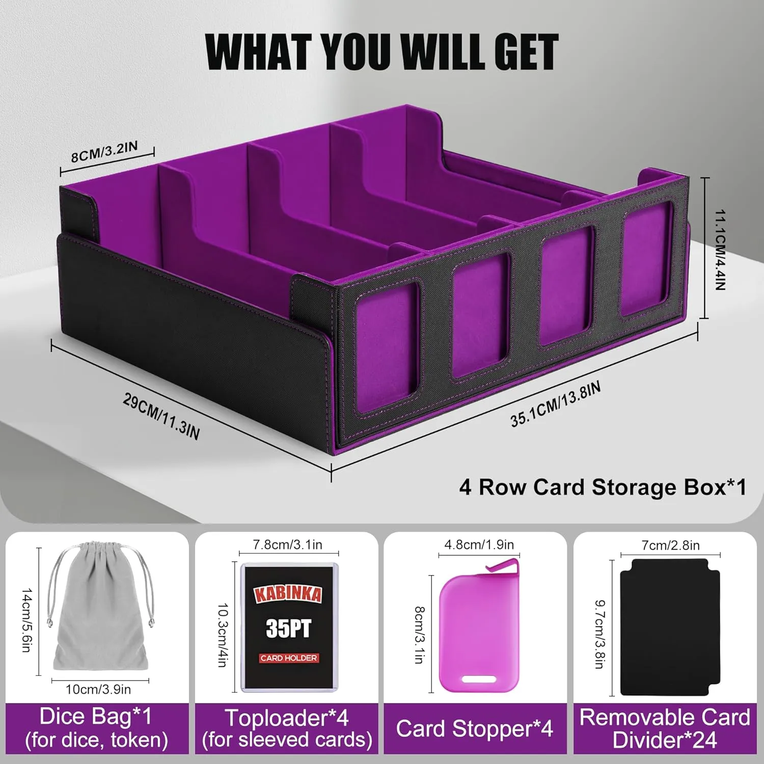 Trading Card Storage Box with Commander Display , 4-Row Deck Case with Removable Lid; 2400  Card Deck Box for MTG TCG Sports Card, 4 Toploaders, 4 Stoppers, 24 Dividers,1 Dice Bag (Black Purple)