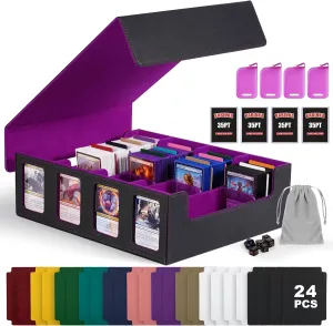 Trading Card Storage Box with Commander Display , 4-Row Deck Case with Removable Lid; 2400  Card Deck Box for MTG TCG Sports Card, 4 Toploaders, 4 Stoppers, 24 Dividers,1 Dice Bag (Black Purple)