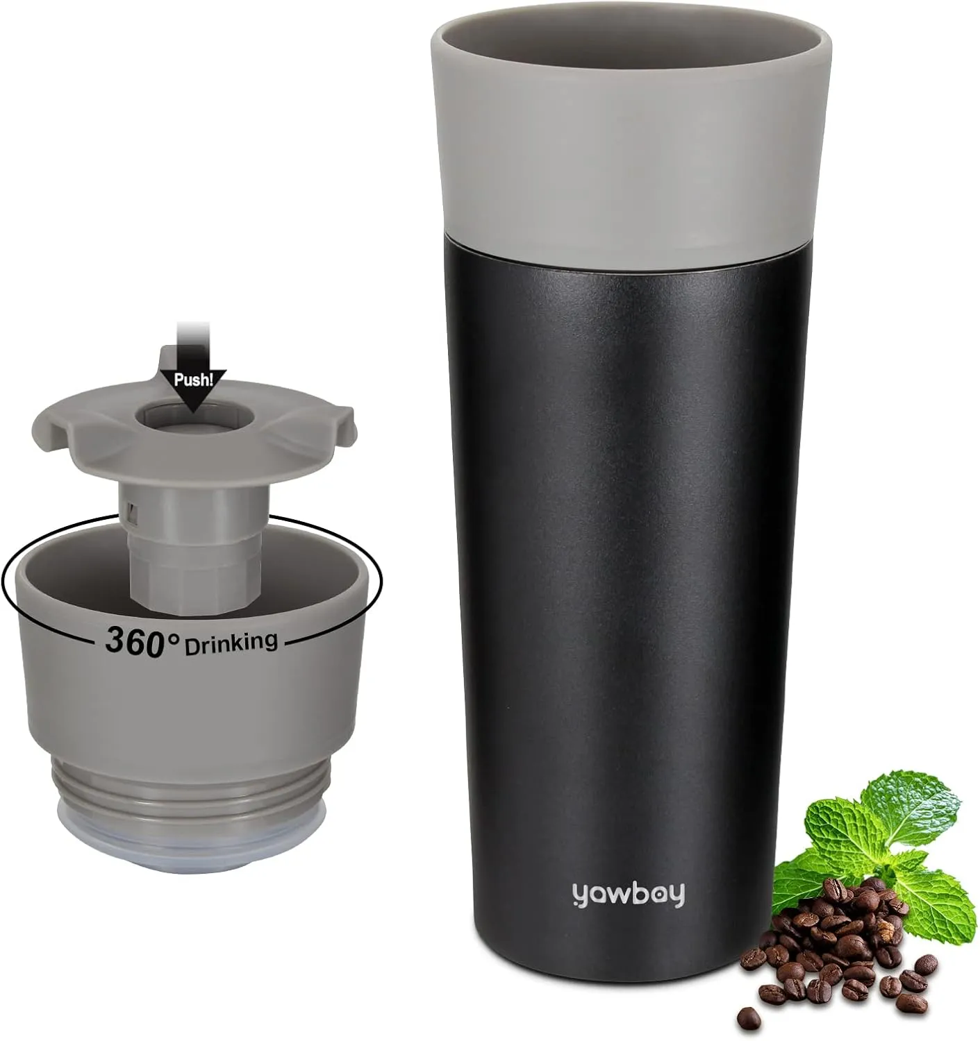 Travel Coffee Mug, Travel Mug with 360°All-Round Drinking Lid, Vacuum Insulated Tumbler, Stainless Steel Tumbler, Double Walls Insulated Coffee Mug for Hot and Ice Cold Water Beverages (Grey)