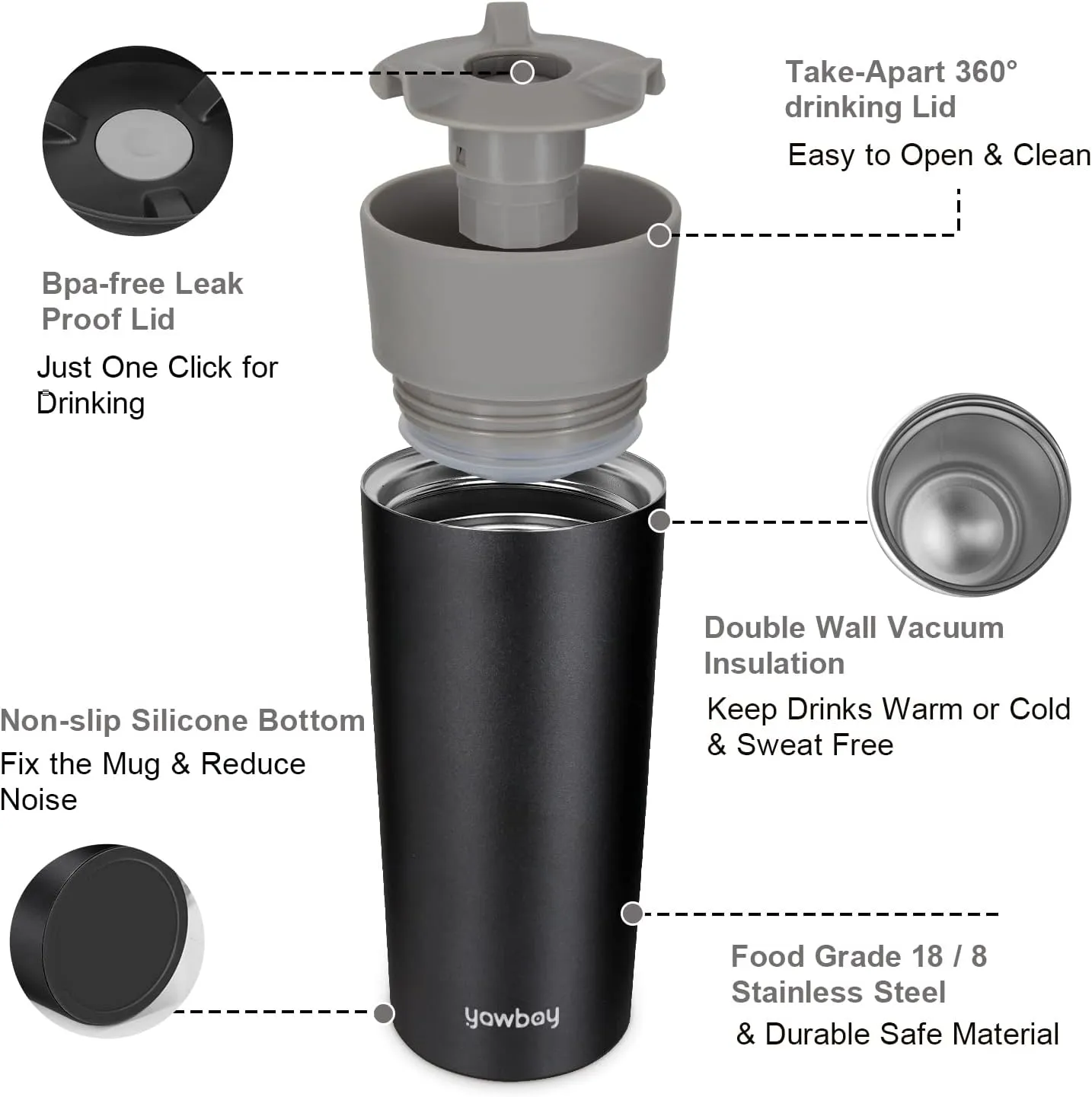 Travel Coffee Mug, Travel Mug with 360°All-Round Drinking Lid, Vacuum Insulated Tumbler, Stainless Steel Tumbler, Double Walls Insulated Coffee Mug for Hot and Ice Cold Water Beverages (Grey)