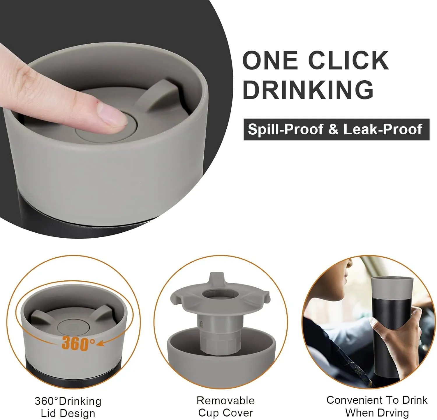 Travel Coffee Mug, Travel Mug with 360°All-Round Drinking Lid, Vacuum Insulated Tumbler, Stainless Steel Tumbler, Double Walls Insulated Coffee Mug for Hot and Ice Cold Water Beverages (Grey)