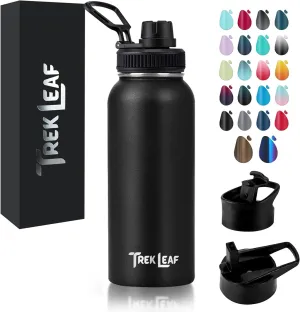 Travel Water Bottle with 3 Lids (Spout, Straw, Flip) Leak Proof, Quality, Vacuum Insulated, Stainless Steel (Black, 32 oz)