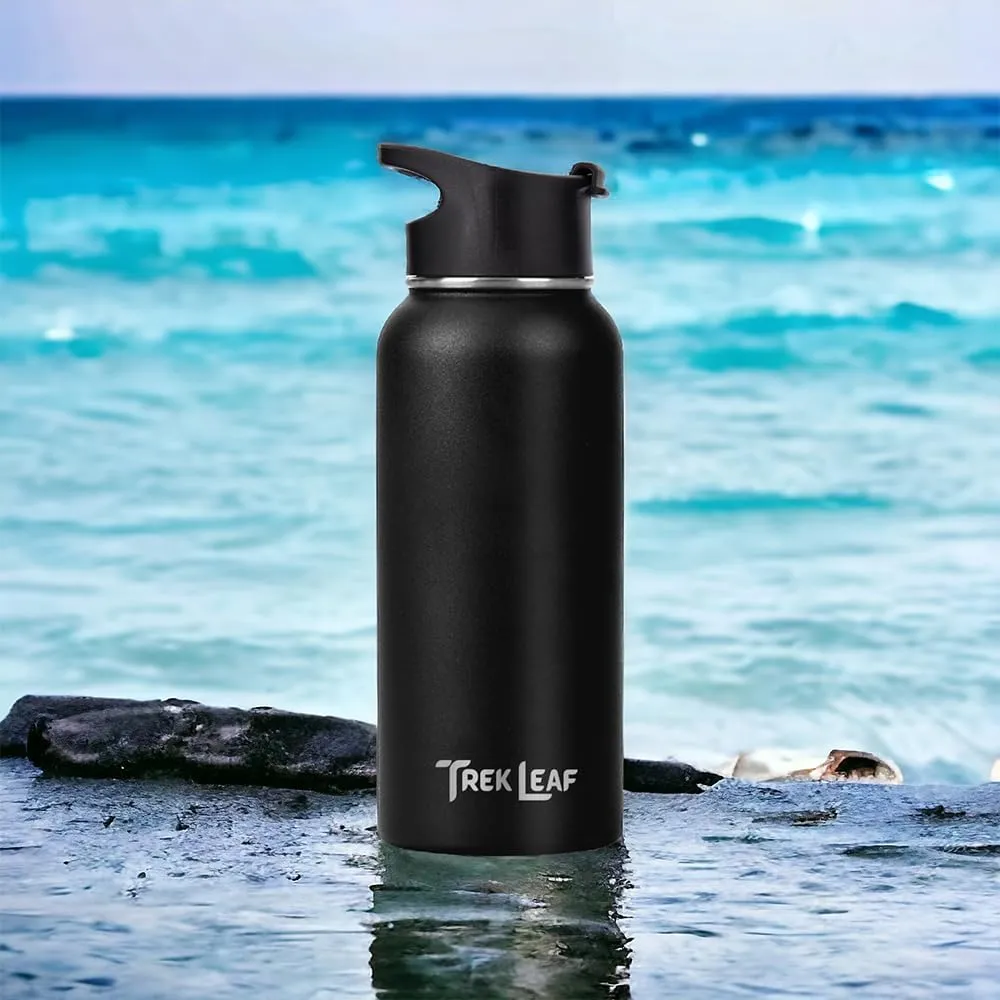 Travel Water Bottle with 3 Lids (Spout, Straw, Flip) Leak Proof, Quality, Vacuum Insulated, Stainless Steel (Black, 32 oz)