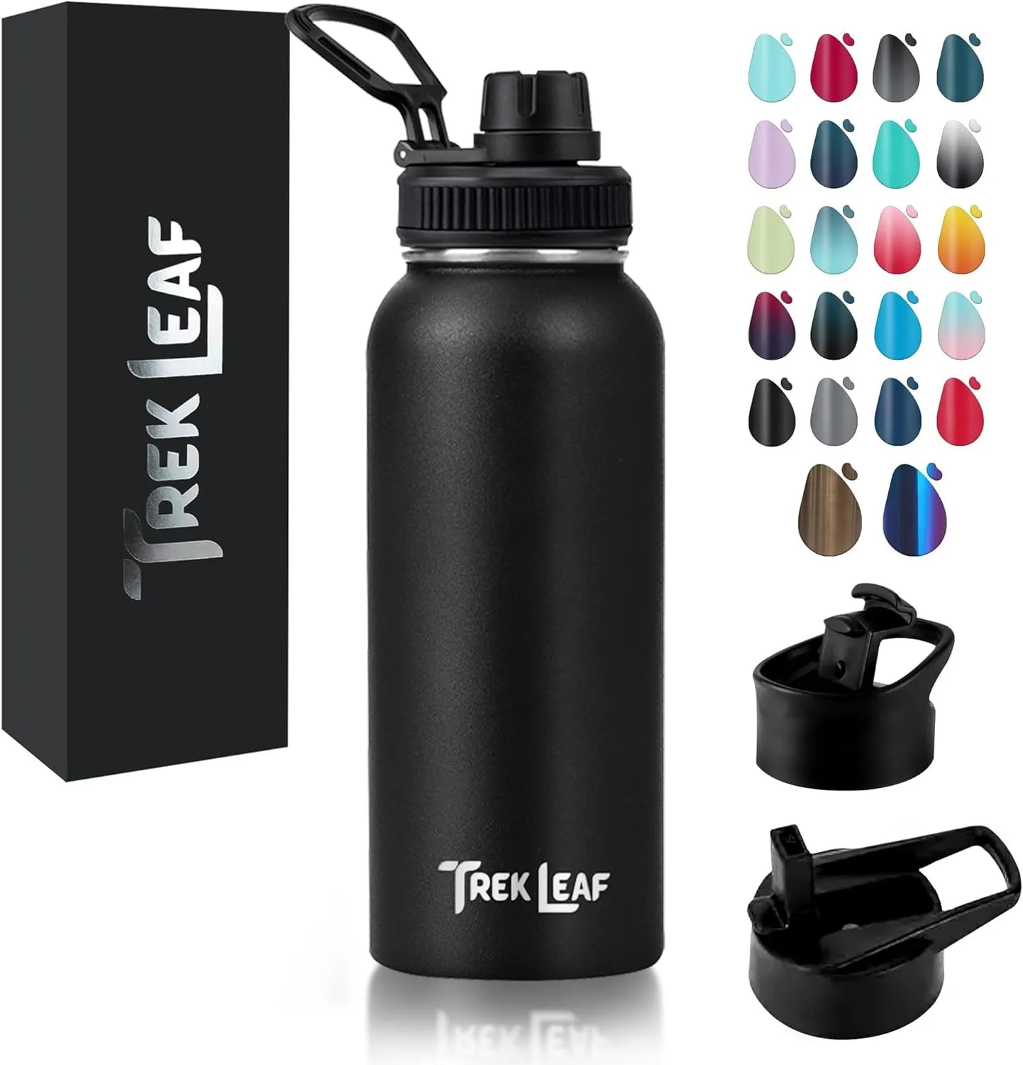 Travel Water Bottle with 3 Lids (Spout, Straw, Flip) Leak Proof, Quality, Vacuum Insulated, Stainless Steel (Black, 32 oz)