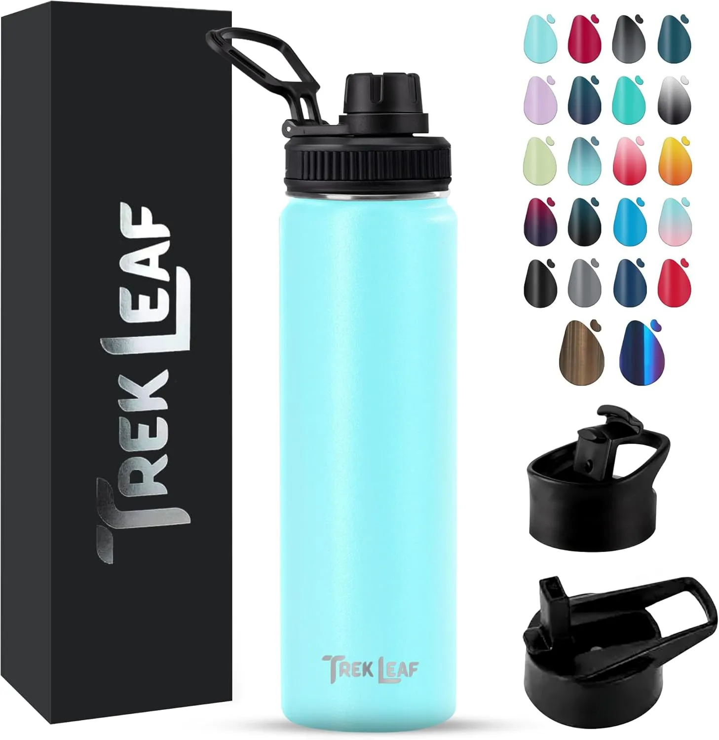 Travel Water Bottle with 3 Lids (Spout, Straw, Flip) Leak Proof, Quality, Vacuum Insulated, Stainless Steel (Caribbean, 22 oz)