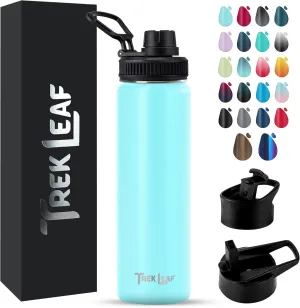 Travel Water Bottle with 3 Lids (Spout, Straw, Flip) Leak Proof, Quality, Vacuum Insulated, Stainless Steel (Caribbean, 22 oz)