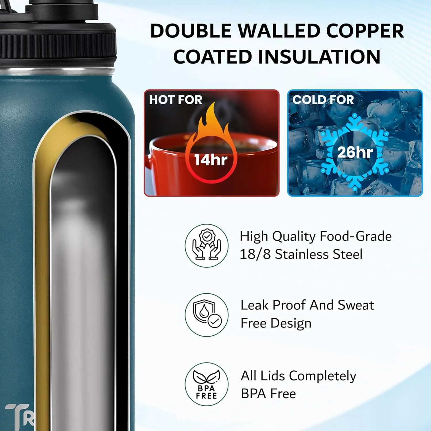 Travel Water Bottle with 3 Lids (Spout, Straw, Flip) Leak Proof, Quality, Vacuum Insulated, Stainless Steel (Red, 18 oz)