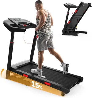 Treadmill with Auto Incline 15% - 350 Lb Capacity - Foldable - 3.0HP Running Treadmill for Home - Adjustable Handrail Height - Equipped with App Voice Control and Buletooth Speaker