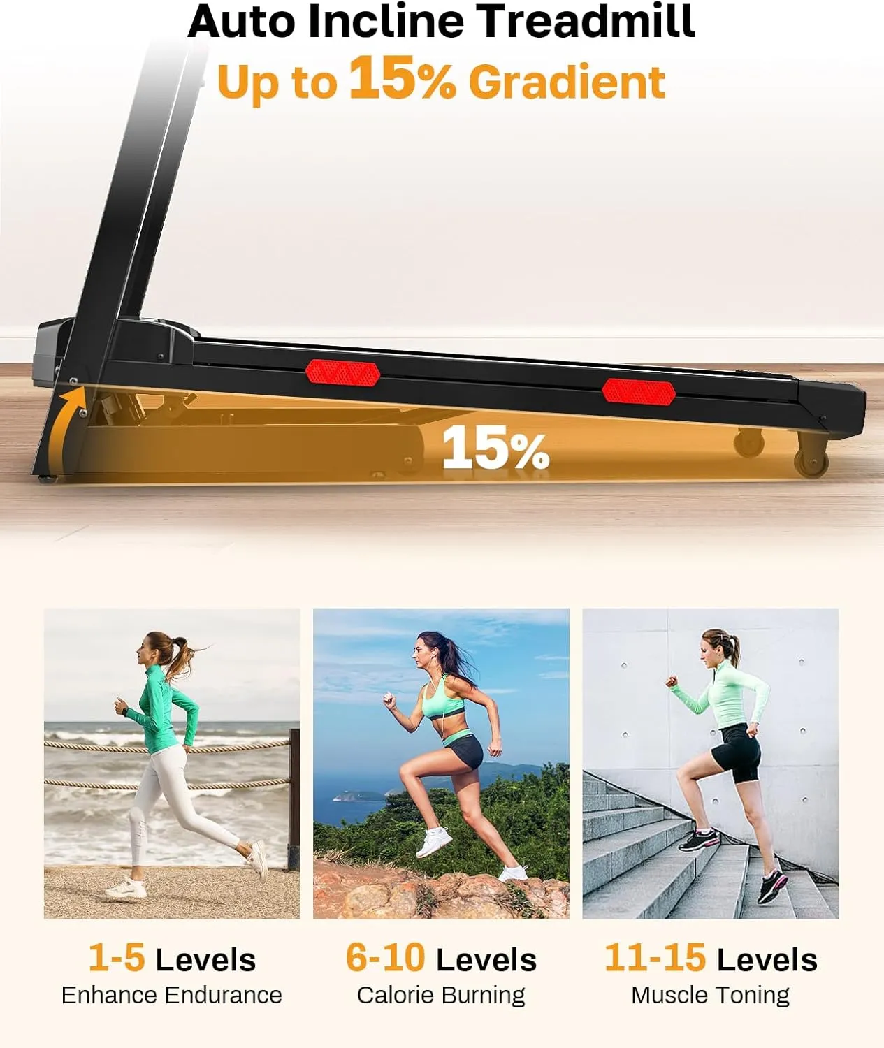 Treadmill with Auto Incline 15% - 350 Lb Capacity - Foldable - 3.0HP Running Treadmill for Home - Adjustable Handrail Height - Equipped with App Voice Control and Buletooth Speaker