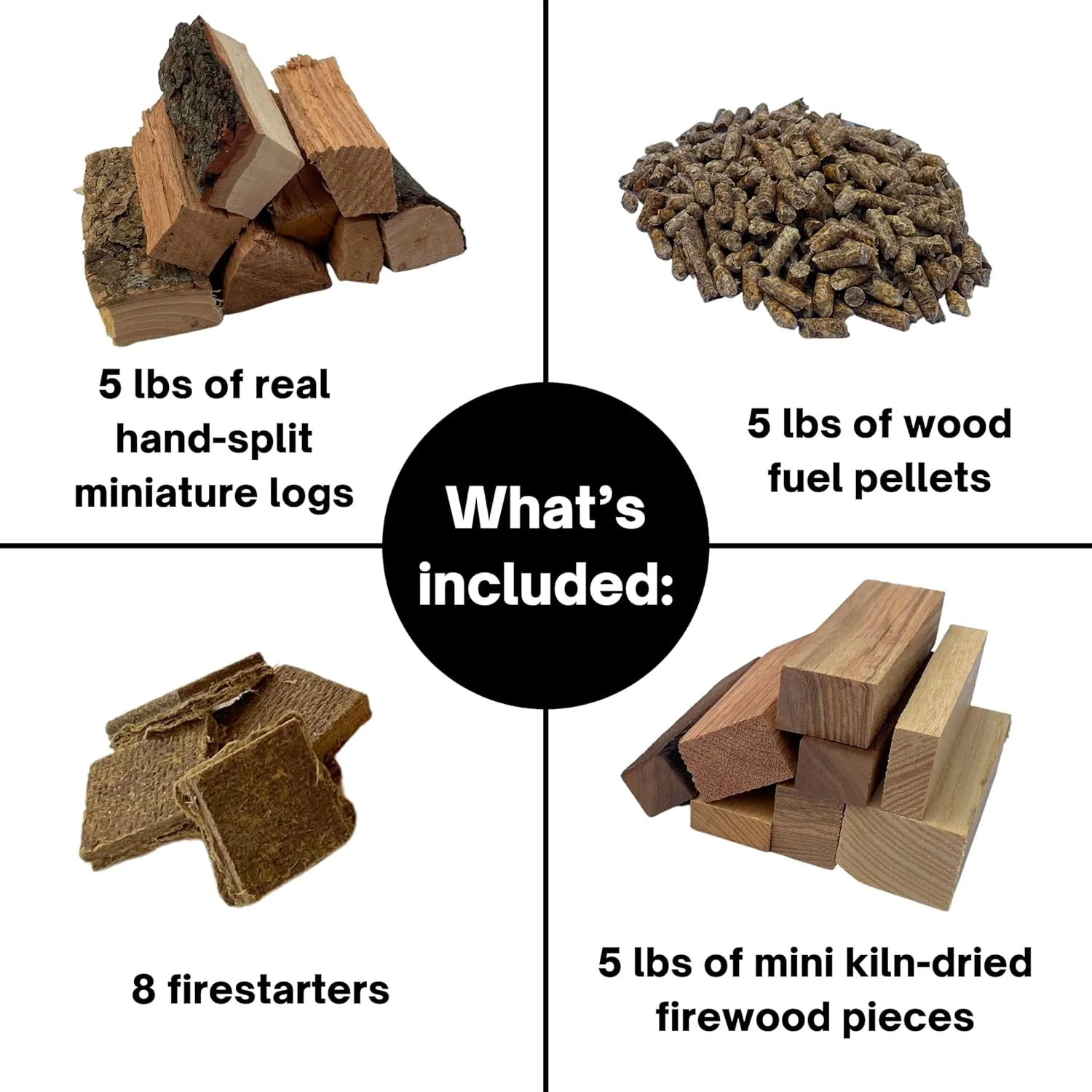 Triple Fuel MINI Firewood Kit - 15 Pounds Total - Hand-Split Logs, Reclaimed Wood Pieces, Wood-Fuel Pellets, & Firestarters - Compatible w/Solo Stove Mesa (5.5" Long Firewood)