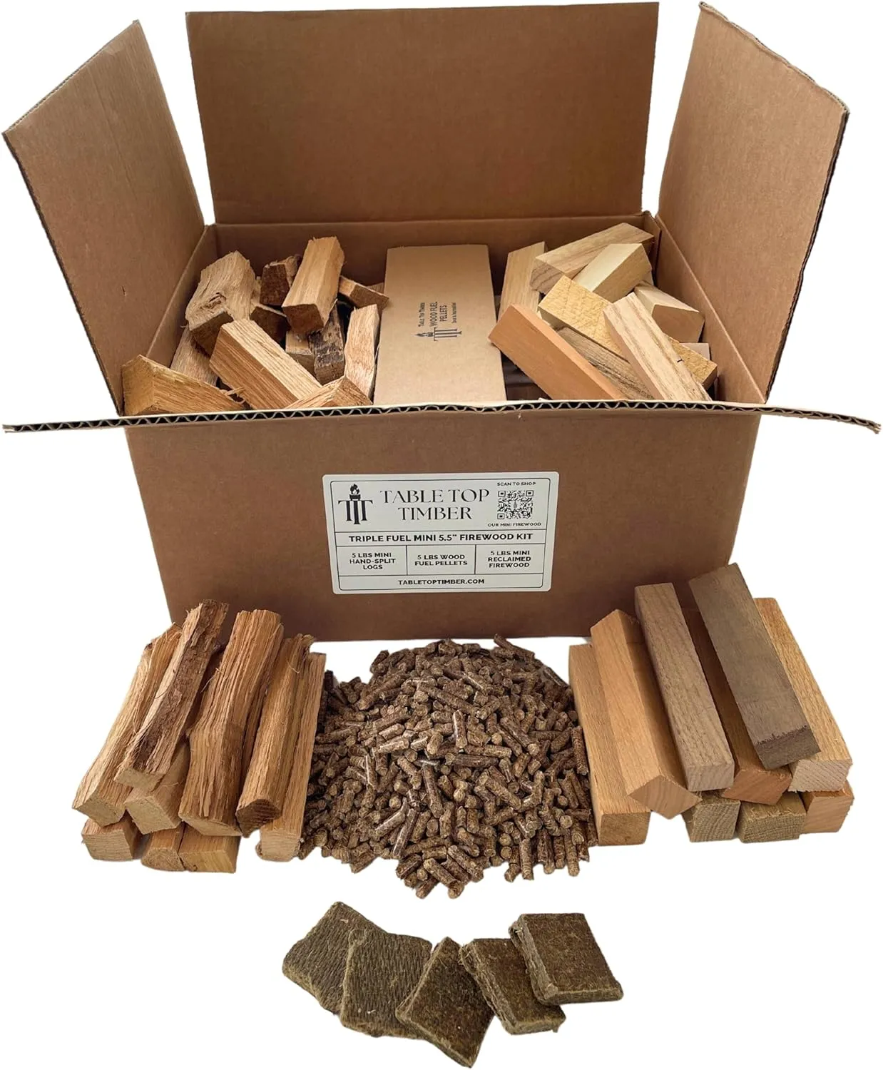 Triple Fuel MINI Firewood Kit - 15 Pounds Total - Hand-Split Logs, Reclaimed Wood Pieces, Wood-Fuel Pellets, & Firestarters - Compatible w/Solo Stove Mesa (5.5" Long Firewood)