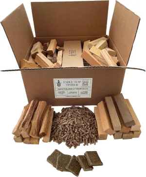 Triple Fuel MINI Firewood Kit - 15 Pounds Total - Hand-Split Logs, Reclaimed Wood Pieces, Wood-Fuel Pellets, & Firestarters - Compatible w/Solo Stove Mesa (5.5" Long Firewood)