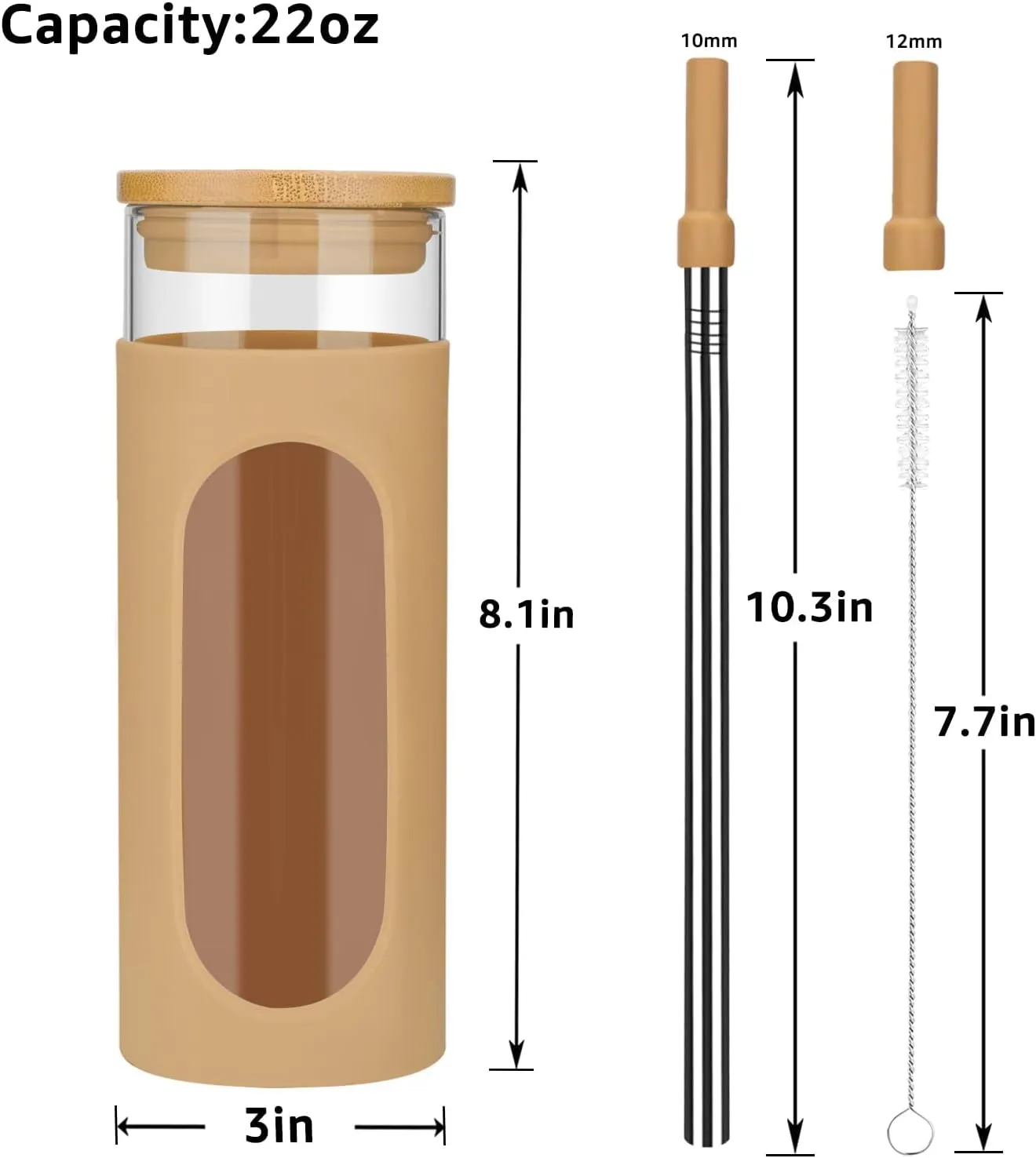 Tronco 22 oz Glass Tumbler with Lid & Straw, Iced Coffee Cup & Smoothie Cup| BPA-Free, Spill Proof, Reusable Glass Cups with Bamboo Lids and Silicone Sleeve, Dishwasher Safe（Amber/White 2 Count