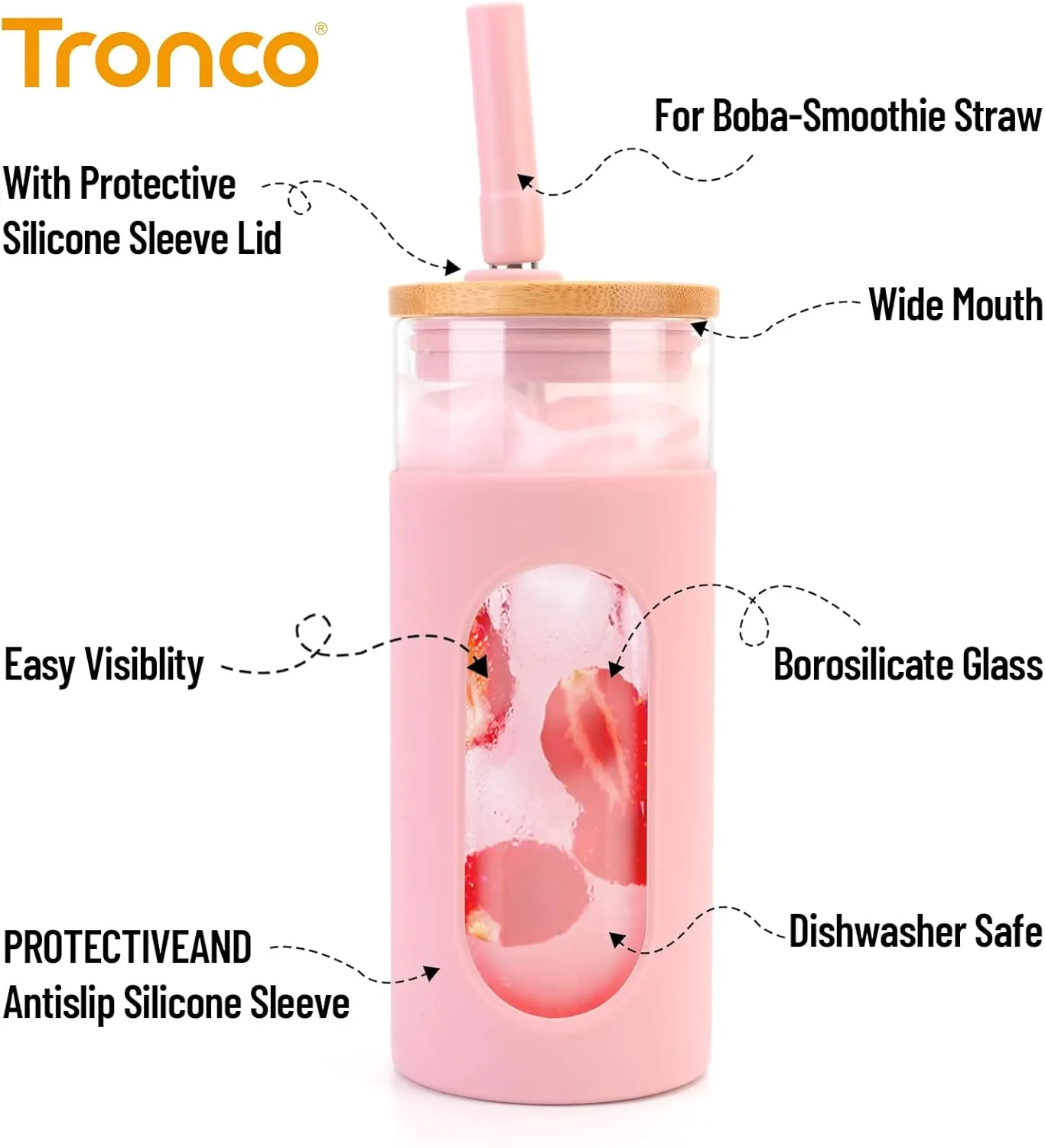 Tronco 22 oz Glass Tumbler with Lid & Straw, Iced Coffee Cup & Smoothie Cup| BPA-Free, Spill Proof, Reusable Glass Cups with Bamboo Lids and Silicone Sleeve, Dishwasher Safe（Amber/White 2 Count