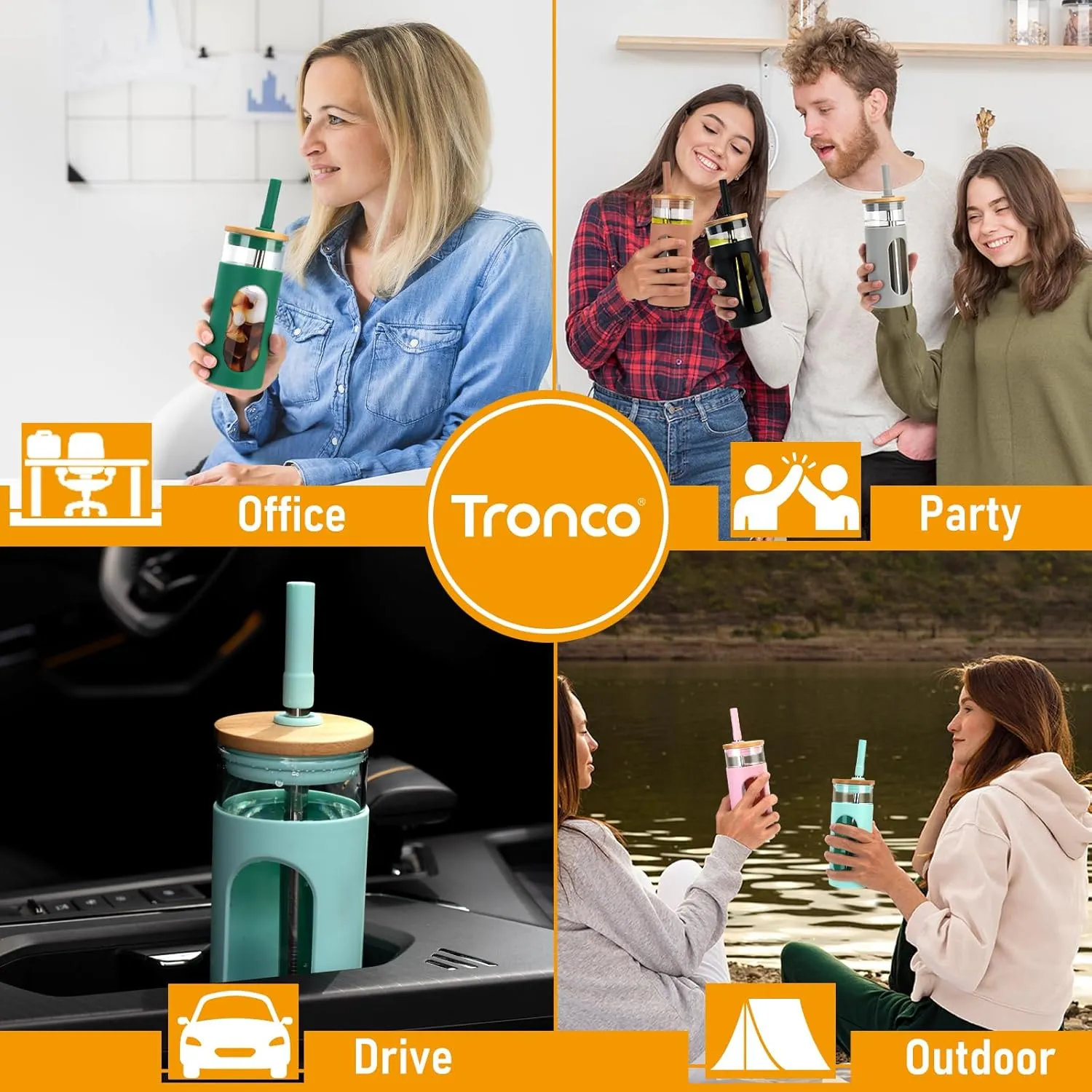 Tronco 22 oz Glass Tumbler with Lid & Straw, Iced Coffee Cup & Smoothie Cup| BPA-Free, Spill Proof, Reusable Glass Cups with Bamboo Lids and Silicone Sleeve, Dishwasher Safe（Amber/White 2 Count