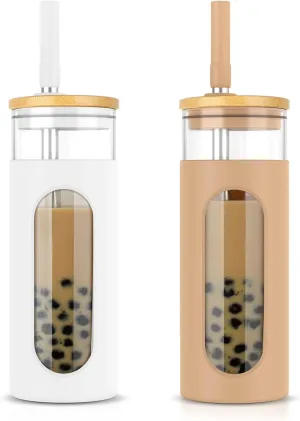 Tronco 22 oz Glass Tumbler with Lid & Straw, Iced Coffee Cup & Smoothie Cup| BPA-Free, Spill Proof, Reusable Glass Cups with Bamboo Lids and Silicone Sleeve, Dishwasher Safe（Amber/White 2 Count