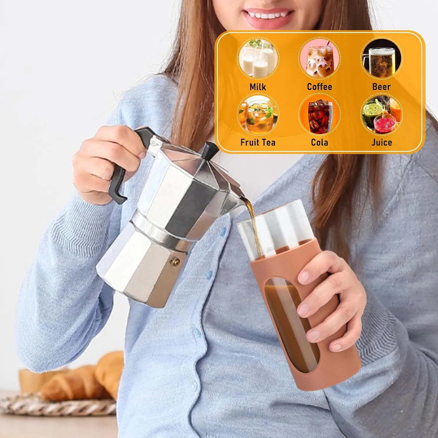 Tronco 22 oz Glass Tumbler with Lid & Straw, Iced Coffee Cup & Smoothie Cup| BPA-Free, Spill Proof, Reusable Glass Cups with Bamboo Lids and Silicone Sleeve, Dishwasher Safe（Amber/White 2 Count