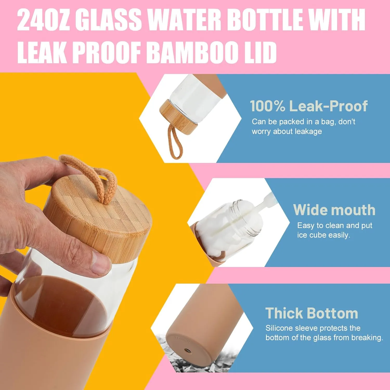 Tronco 24oz Borosilicate Glass Water Bottle with Bamboo Lid, Non-Slip Silicone Sleeve, Leak-Proof and Reusable Glass Bottle Perfect for Travel, Gym, and Everyday Use, BPA-Free, Dishwasher Safe