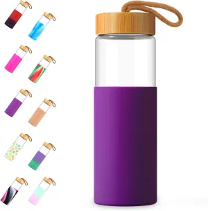 Tronco 24oz Borosilicate Glass Water Bottle with Bamboo Lid, Non-Slip Silicone Sleeve, Leak-Proof and Reusable Glass Bottle Perfect for Travel, Gym, and Everyday Use, BPA-Free, Dishwasher Safe