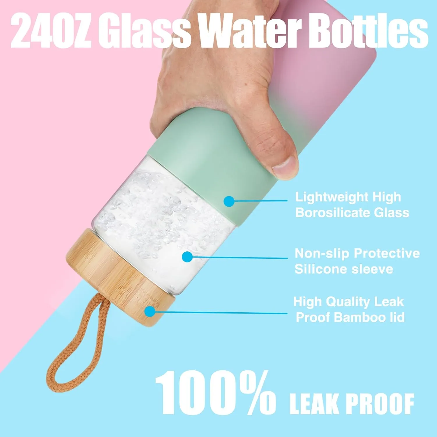 Tronco 24oz Borosilicate Glass Water Bottle with Bamboo Lid, Non-Slip Silicone Sleeve, Leak-Proof and Reusable Glass Bottle Perfect for Travel, Gym, and Everyday Use, BPA-Free, Dishwasher Safe