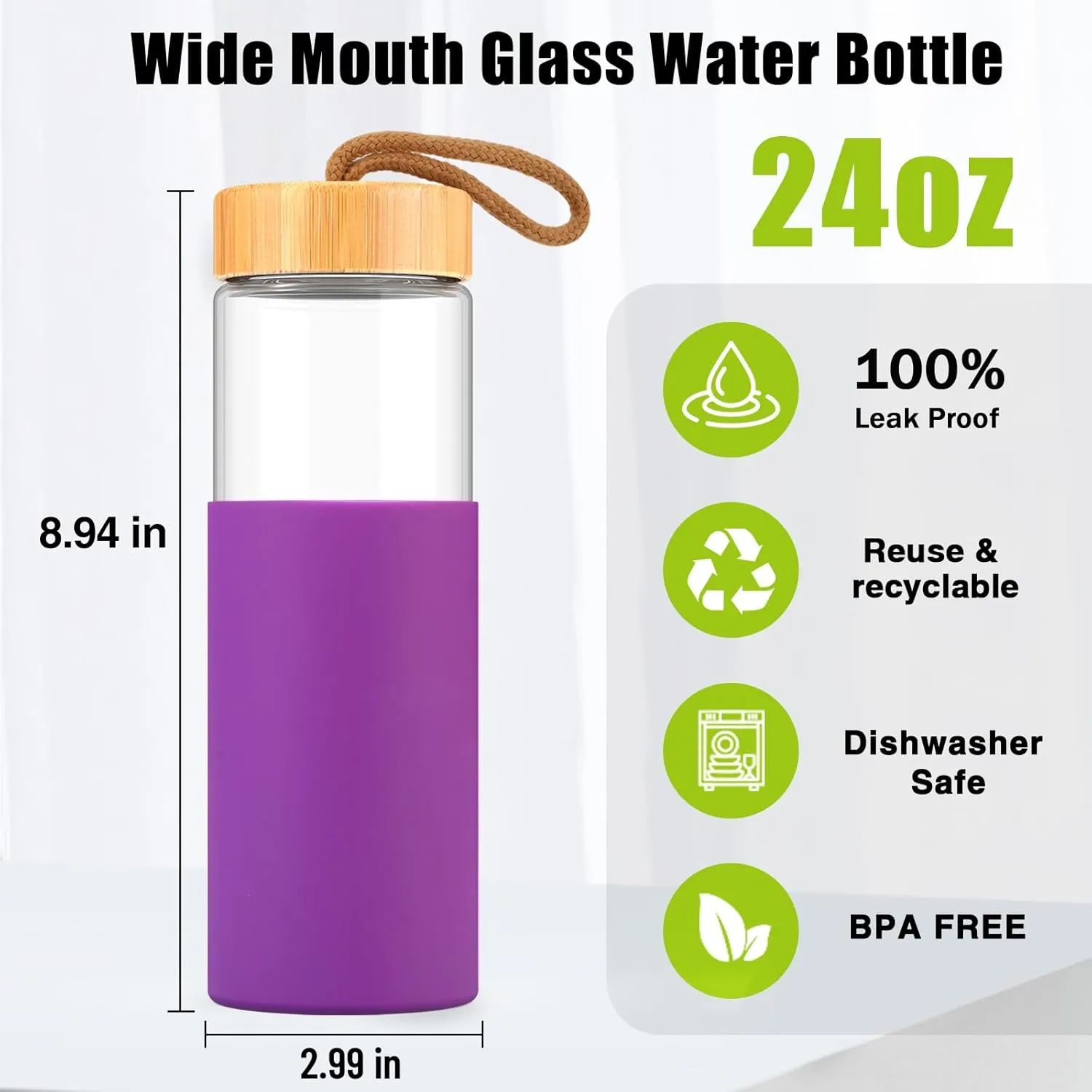 Tronco 24oz Borosilicate Glass Water Bottle with Bamboo Lid, Non-Slip Silicone Sleeve, Leak-Proof and Reusable Glass Bottle Perfect for Travel, Gym, and Everyday Use, BPA-Free, Dishwasher Safe