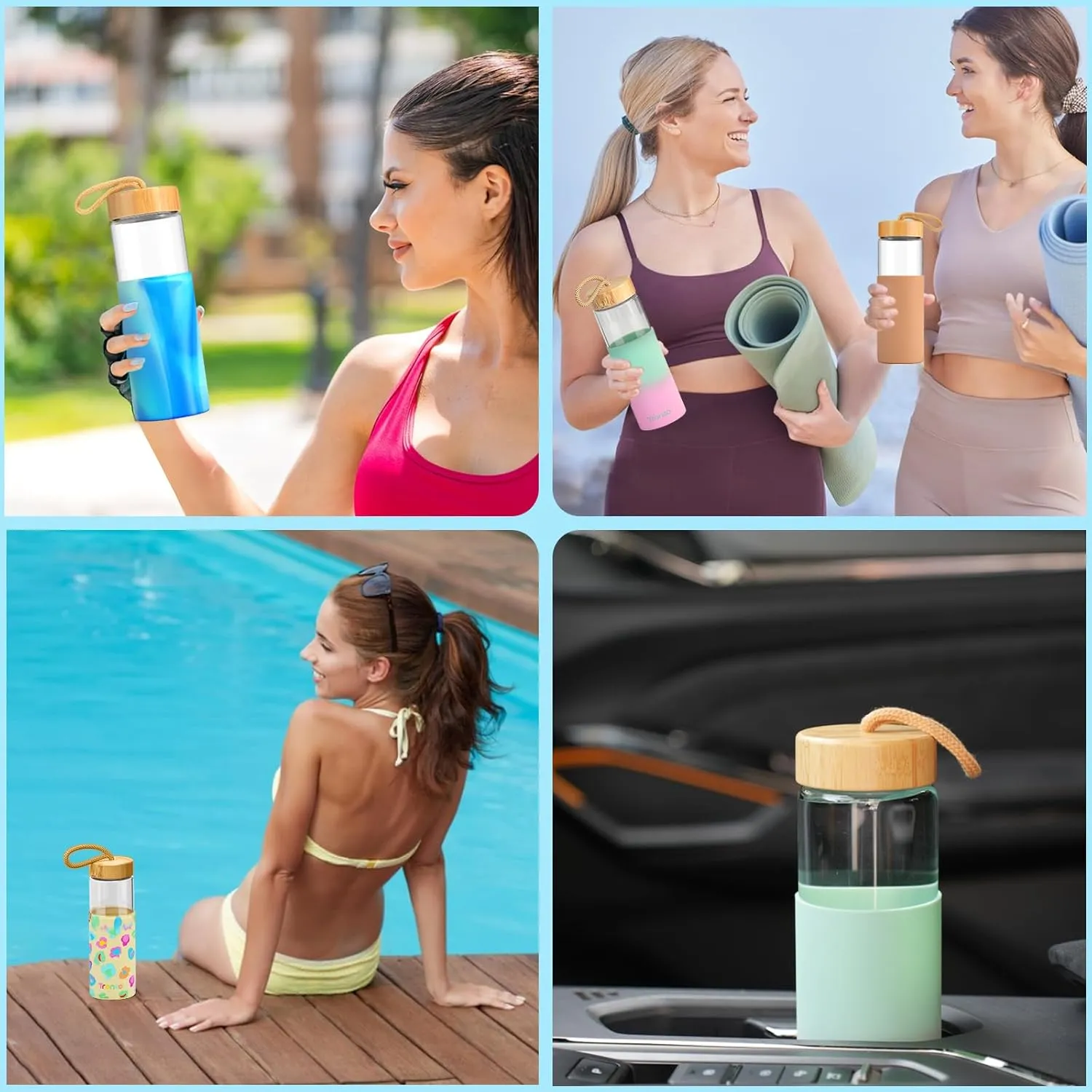 Tronco 24oz Borosilicate Glass Water Bottle with Bamboo Lid, Non-Slip Silicone Sleeve, Leak-Proof and Reusable Glass Bottle Perfect for Travel, Gym, and Everyday Use, BPA-Free, Dishwasher Safe