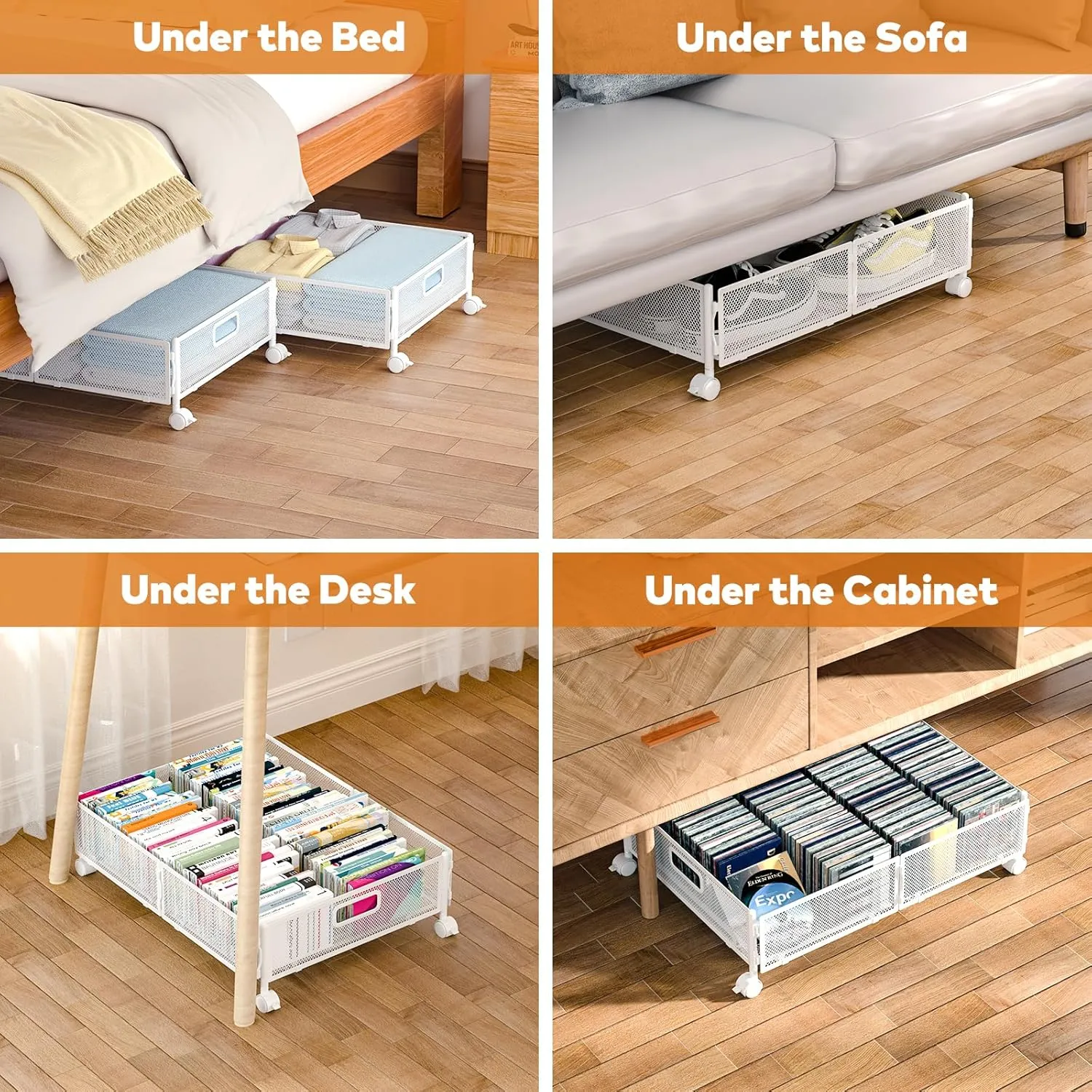 Under Bed Storage with Wheels, Under Bed Shoe Storage Organizer Drawer, Underbed Storage Containers for Bedroom Clothes Shoes Blankets (2 pack, White)