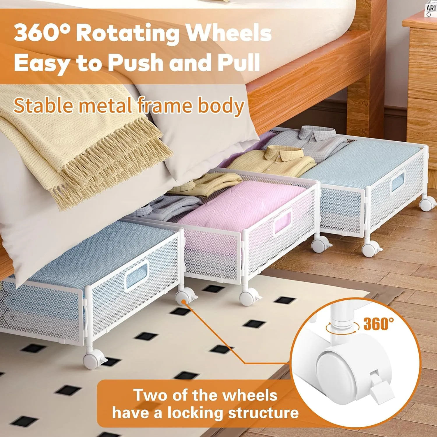 Under Bed Storage with Wheels, Under Bed Shoe Storage Organizer Drawer, Underbed Storage Containers for Bedroom Clothes Shoes Blankets (2 pack, White)