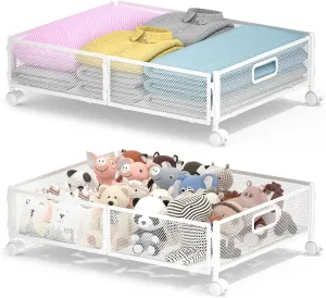 Under Bed Storage with Wheels, Under Bed Shoe Storage Organizer Drawer, Underbed Storage Containers for Bedroom Clothes Shoes Blankets (2 pack, White)